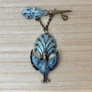Vintage Siam Fine Silver Blue Enamel Articulated Peacock Brooch Pin 1930's